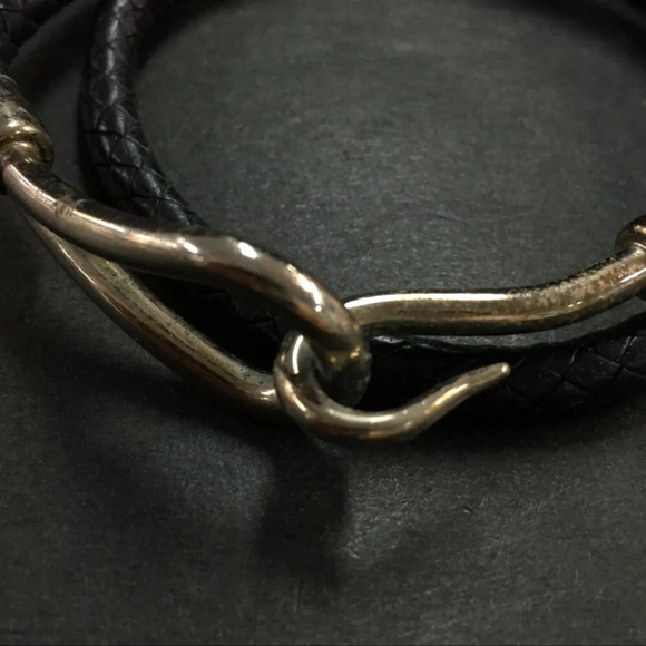 HERMES Jumbo Double Wrap Bangle Bracelet Leather Silver Black Tone. - Picture 3 of 8